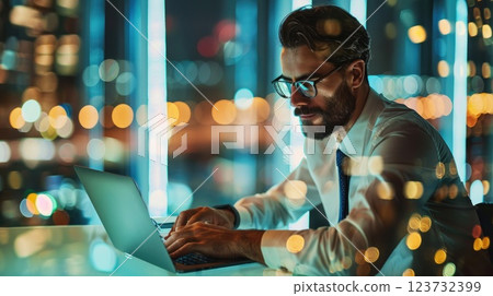 Modern Business Professional Working on Laptop in High-rise Office with Cityscape View Modern Business Professional Working on Laptop in High-rise Office with Cityscape View 123732399