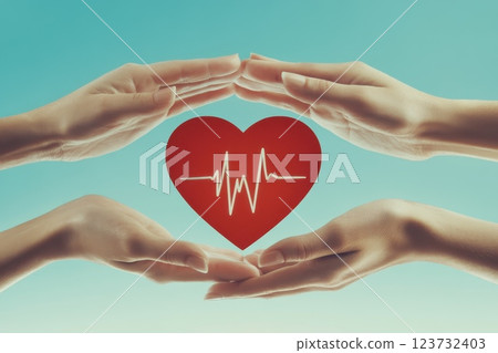 Hands Protecting Red Heart With EKG Line on Soft Blue Background Hands Protecting Red Heart With EKG Line on Soft Blue Background 123732403