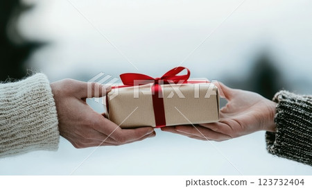 Gift Exchange Between Two People in Winter Setting 123732404