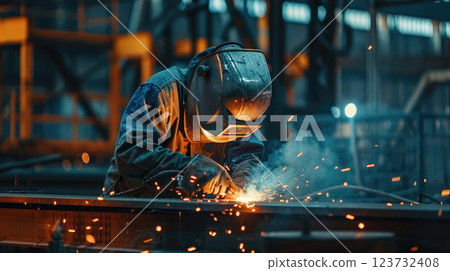 Skilled Industrial Worker Operating Welding Torch in Protective Suit Producing Vivid Sparks in Dark Factory Setting. Skilled Industrial Worker Operating Welding Torch in Protective Suit Producing Vivid Sparks in Dark Factory Setting. 123732408