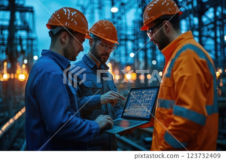 Engineers Reviewing Electrical Plans on Laptop Engineers Reviewing Electrical Plans on Laptop 123732409