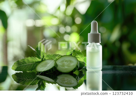 Natural Skincare Product Mockup with Dropper Bottle, Cucumber, and Mint Leaves on Glass Surface in Garden Setting Natural Skincare Product Mockup with Dropper Bottle, Cucumber, and Mint Leaves on Glass Surface in Garden Setting 123732410