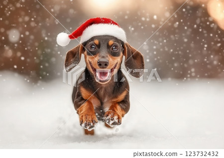 Cute Dachshund in Santa Hat Among Winter Snow Cute Dachshund in Santa Hat Among Winter Snow 123732432