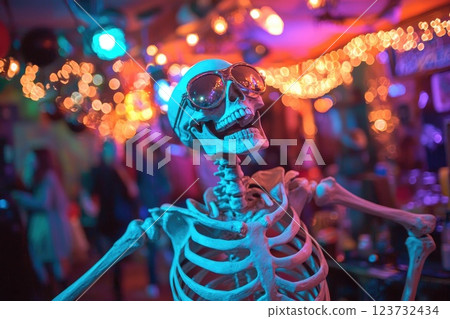 A skeleton is wearing sunglasses and dancing in a party, and the party setting adds to the overall mood of the scene A skeleton is wearing sunglasses and dancing in a party, and the party setting adds to the overall mood of the scene 123732434