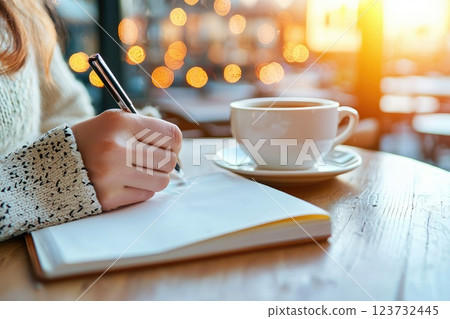 Cozy Journaling with Tea in a Warm Cafe Atmosphere Cozy Journaling with Tea in a Warm Cafe Atmosphere 123732445