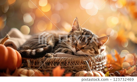 A cat curled up in a basket surrounded by pumpkins and autumn leaves, Cozy Autumn Vibes 123732469