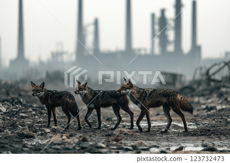 Three Coyotes Walking Through Abandoned Industrial Site Three Coyotes Walking Through Abandoned Industrial Site 123732473