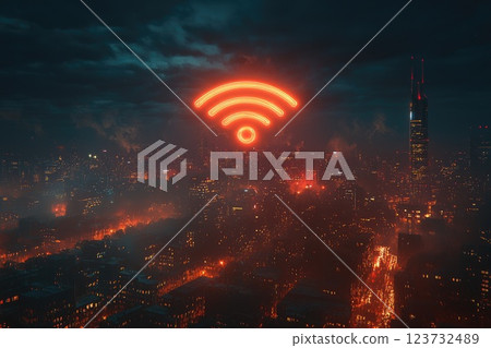 Glowing Futuristic Wi-Fi Symbol Over Urban Landscape 123732489