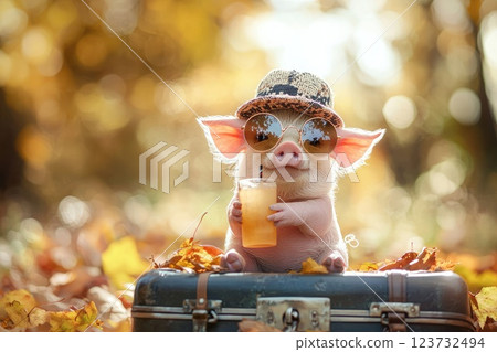 A fashionable piglet wearing round sunglasses and a trendy hat, sitting on a suitcase with autumn leaves 123732494