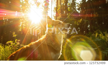 Radiant canine superpower activation in sunlit forest clearing Radiant canine superpower activation in sunlit forest clearing 123732499