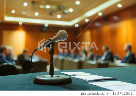Microphone in Focus with Conference Setting and Attendees in Soft Focus Background 123732501