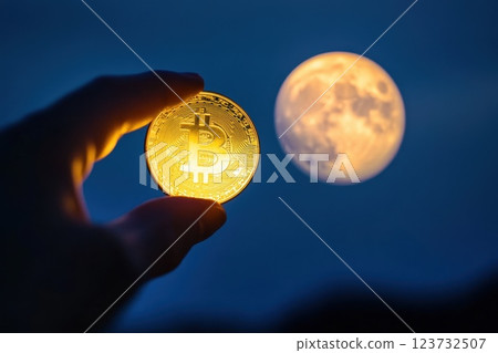 Golden Bitcoin Coin in Hand Against Bright Full Moon at Night Sky Background Golden Bitcoin Coin in Hand Against Bright Full Moon at Night Sky Background 123732507