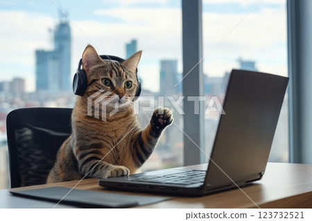 A curious tabby cat wearing a headset, sitting on top of a modern office desk with a laptop in front of it 123732521