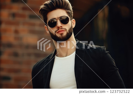 A man wearing sunglasses and a black jacket 123732522