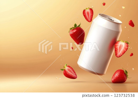 Hyper-realistic soda can with strawberries in front of a soft gradient background Hyper-realistic soda can with strawberries in front of a soft gradient background 123732538
