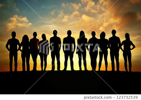 Diverse Group of People Standing Side by Side Against Beautiful Sunset Sky Background Diverse Group of People Standing Side by Side Against Beautiful Sunset Sky Background 123732539