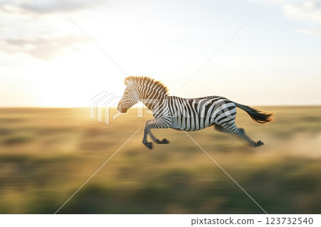 Striking Zebra Caught Mid Jump Across Grassy Plain Under Bright Sky at Sunset Striking Zebra Caught Mid Jump Across Grassy Plain Under Bright Sky at Sunset 123732540