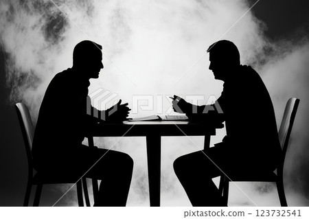 Dynamic Corporate Negotiation Between Two Silhouetted Figures at a Table Dynamic Corporate Negotiation Between Two Silhouetted Figures at a Table 123732541