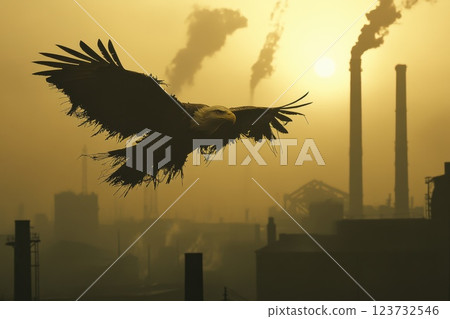 Majestic Eagle with Tattered Plastic Wings Soars Against Industrial Sunset Background 123732546