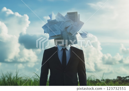 Executive Figure in Open Field Surrounded by Floating Papers Under Dramatic Sky Executive Figure in Open Field Surrounded by Floating Papers Under Dramatic Sky 123732551
