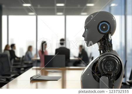 Futuristic AI Robot in Business Environment with People Collaborating in the Background Futuristic AI Robot in Business Environment with People Collaborating in the Background 123732555