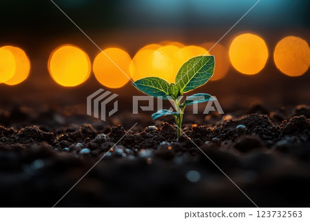A Single Vibrant Green Plant Emerging from Parchd Earth with Cracked Soil Surrounded by Soft Bokeh Lights, Hope and Resilience in Nature A Single Vibrant Green Plant Emerging from Parchd Earth with Cracked Soil Surrounded by Soft Bokeh Lights, Hope and Resilience in Nature 123732563