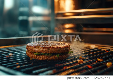 Juicy Burger Cooking on Hot Grill in Restaurant Kitchen Juicy Burger Cooking on Hot Grill in Restaurant Kitchen 123732564