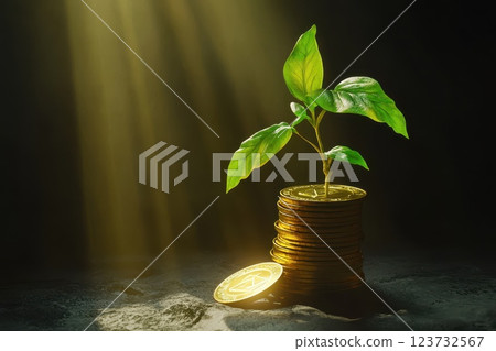 Growth and Prosperity: A Green Plant Emerging from a Stack of Gold Coins Under Soft Light Symbolizing Wealth and New Beginnings Growth and Prosperity: A Green Plant Emerging from a Stack of Gold Coins Under Soft Light Symbolizing Wealth and New Beginnings 123732567