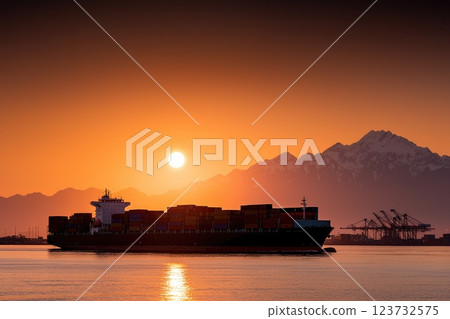 Container Ship Approaching Sunset Over Bustling Harbor 123732575