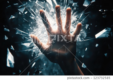 Powerful Hand Breaking Through Glass Shards Powerful Hand Breaking Through Glass Shards 123732585