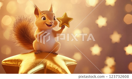 Cheerful Squirrel with Golden Star on Five-Star Rating Icon - Business Excellence and Customer Satisfaction Concept 123732608