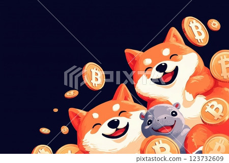 Happy Shiba Dog and Baby Hippopotamus with Meme Coins in Digital Art Happy Shiba Dog and Baby Hippopotamus with Meme Coins in Digital Art 123732609