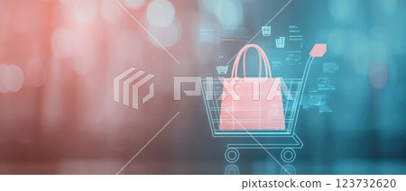 Digital Shopping Cart with Pink Bag Illustration 123732620