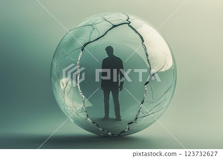Man Standing Inside a Cracked Transparent Sphere Symbolizing Isolation and Vulnerability Man Standing Inside a Cracked Transparent Sphere Symbolizing Isolation and Vulnerability 123732627
