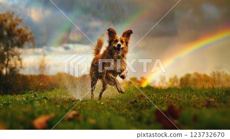 Happy Dog Playing in Rain Under Rainbow on Green Hill, Joyful Pet Enjoying Autumn Weather Amid Nature's Beauty Happy Dog Playing in Rain Under Rainbow on Green Hill, Joyful Pet Enjoying Autumn Weather Amid Nature's Beauty 123732670