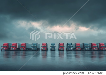 Row of Colorful Trucks Parked in a Rain-Drenched Lot Against a Dramatic Stormy Sky with Low Clouds and Moody Lighting 123732685