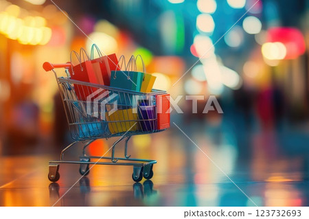 A shopping cart full of colorful bags is sitting on a wet sidewalk 123732693