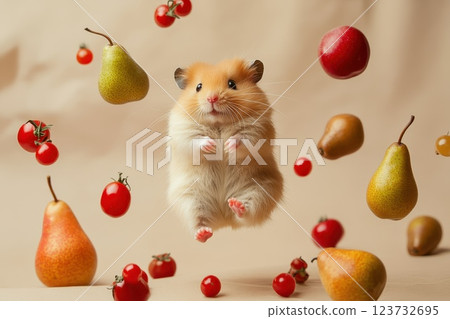 Fluffy Hamster Levitating Amid Floating Pears and Vibrant Tomatoes in Playful Composition Fluffy Hamster Levitating Amid Floating Pears and Vibrant Tomatoes in Playful Composition 123732695