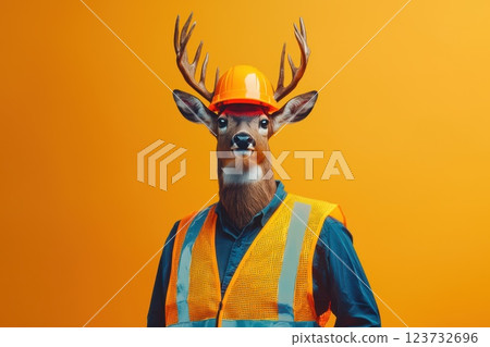 Creative Concept of a Deer Wearing Safety Gear Against a Bright Yellow Background 123732696