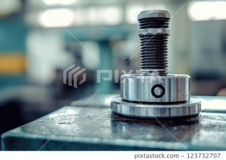 A metal bolt sits on a surface. The bolt is silver and has a black head 123732707