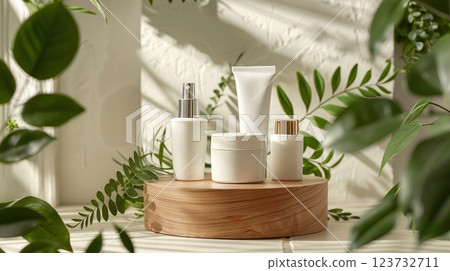 White cosmetic tubes displayed on wooden podium with skincare products and foliage, Perfect for copy space branding White cosmetic tubes displayed on wooden podium with skincare products and foliage, Perfect for copy space branding 123732711