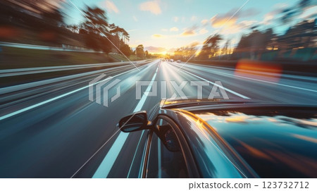 A car is driving down a highway with a sunset in the background 123732712
