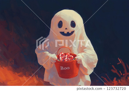 Cute Ghost Holding Candy for Halloween Celebration Cute Ghost Holding Candy for Halloween Celebration 123732720