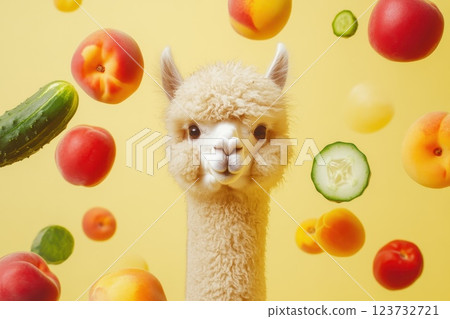 Fluffy Alpaca Floating Weightlessly Surrounded by Colorful Fruits and Vegetables in a Bright Setting 123732721