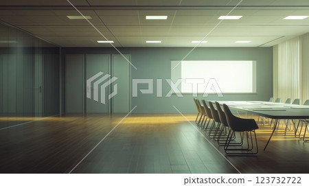 A large conference room with a white board and a row of chairs A large conference room with a white board and a row of chairs 123732722