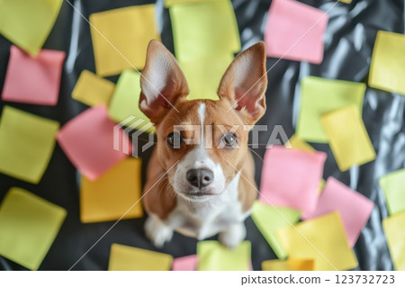Adorable Dog Surrounded by Colorful Sticky Notes on Dark Surface in Playful Setting 123732723