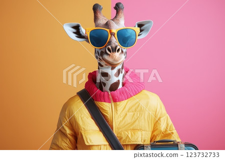 Fun and Playful Giraffe Wearing Sunglasses and Jacket Against Colorful Background, Perfect for Quirky Lifestyle and Animal-Themed Projects 123732733