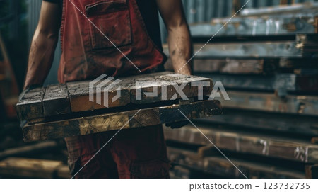 A man in a red apron is holding a stack of wood 123732735