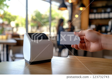 Hand Holding Blank Credit Card Near Payment Device in Modern Cafe Environment 123732743