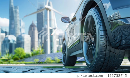 Sustainable Transportation Concept, Close-up of Car Tire with Green Energy Elements in Modern Cityscape Background 123732745